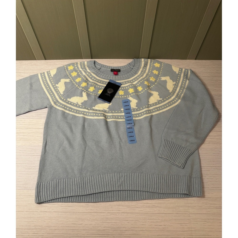 Vince Camuto Womens Sweater Light Blue Rabbit Fair Isle Knit Large NEW